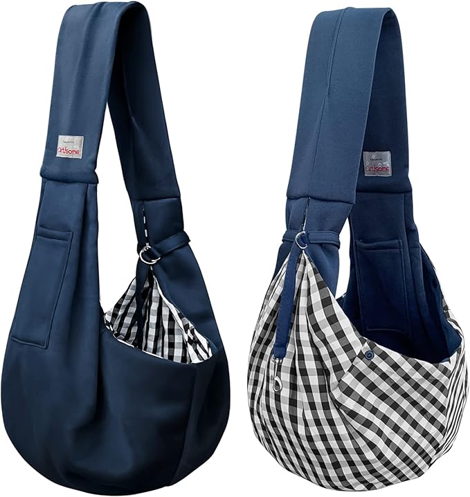 Pet Dog Sling Carrier for 3-10 lbs pet,Dog Purse Pouch,Dog Satchel,Reversible unadjustable Strap Travel Hand-Free Safe Bag Small Puppy Backpack (Dark Blue)