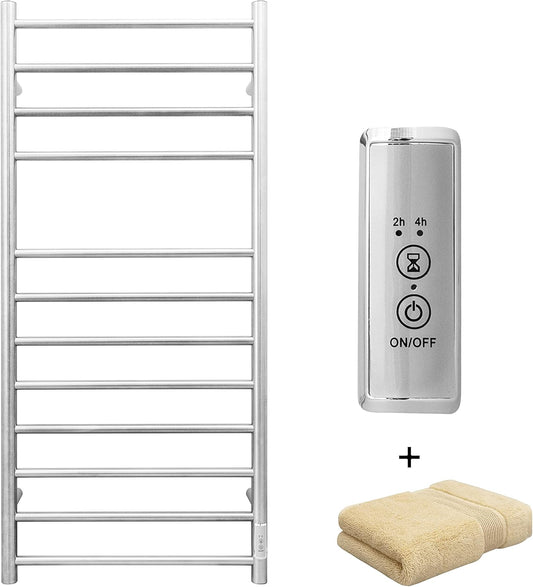 KEG Towel Warmer Wall Mounted with Built-in Timer 12 Bars Electric Stainless Steel Heated Towel Racks for Bathroom, Hot Plug-in Bath Towel Heater Brushed Nickel
