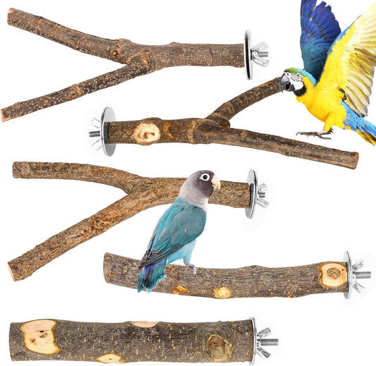 Natural Wood Bird Perches for Cage, Parrot Perch Stand & Platform, Bird Cage Accessories for Parakeets, Cockatiels, Conures, Lovebirds (Brown, Essential Perch Bundle - 5PCS)