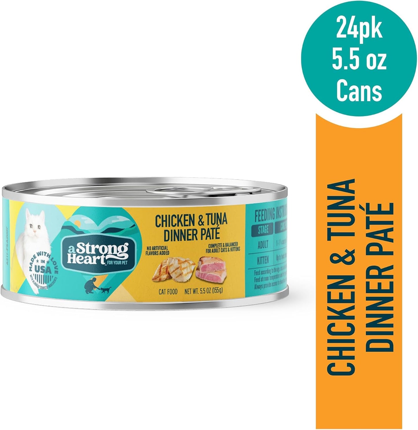 A Strong Heart Canned Wet Cat Food, Chicken & Tuna Dinner Paté - 5.5 oz Cans (Pack of 24), Made in The USA with Real Chicken & Tuna
