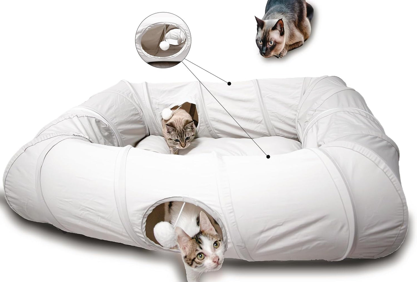 XxingSheep 4 Ways Shuttled XL Cat Tunnel Bed for Indoor Cats Peekaboo Cat Cave Donut with Cool Mat