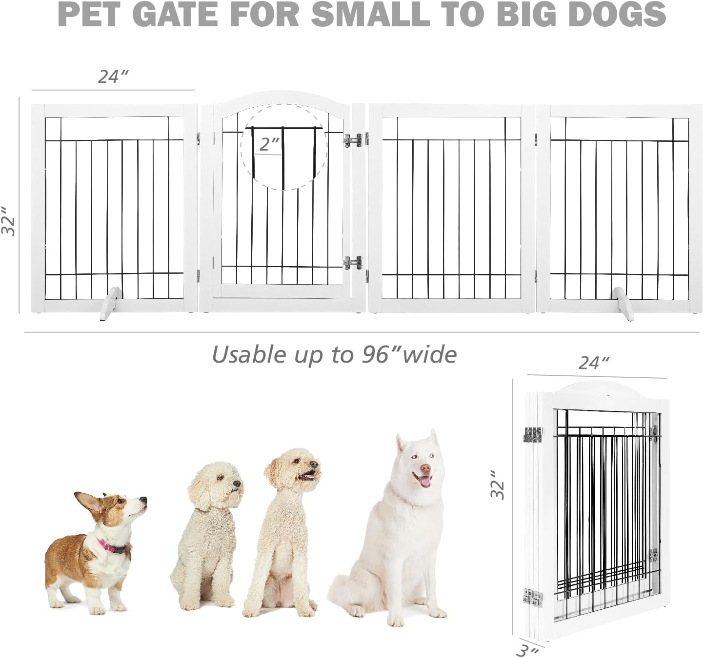 SPIRICH 96-inch Extra Wide 30-inches Tall Dog Gate with Door Walk Through, Freestanding Wire Pet Gate for The House, Doorway, Stairs, Pet Puppy Safety Fence, Support Feet Included (White)