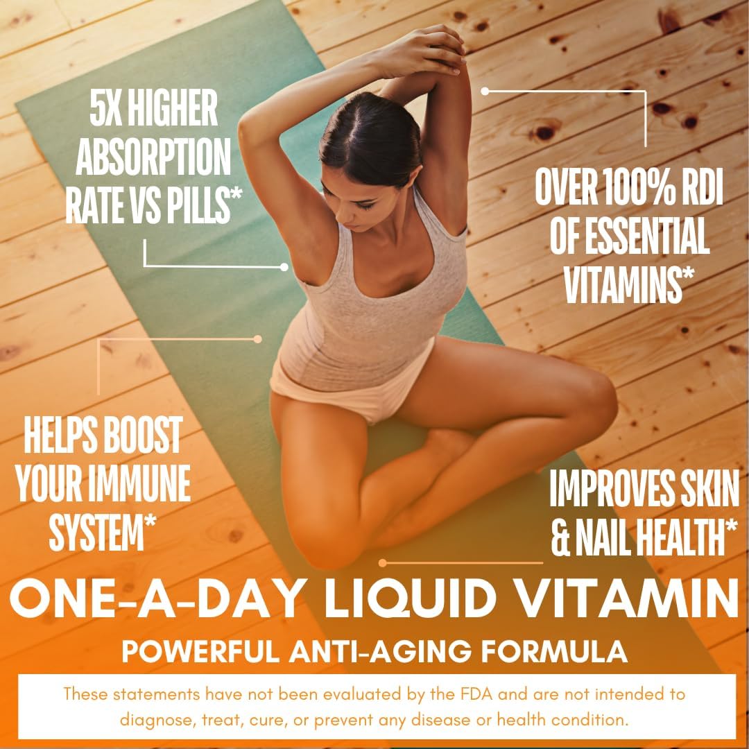Mega Premium Liquid Multivitamin | Natural Immune Support Vitamin w/ 1333% Vitamin C, 200% D3, Zinc + 20 Vitamins, 70 Minerals, & 21 Amino Acids | Sugar Free | Orange Flavor | 98% Absorption | 32 Serv