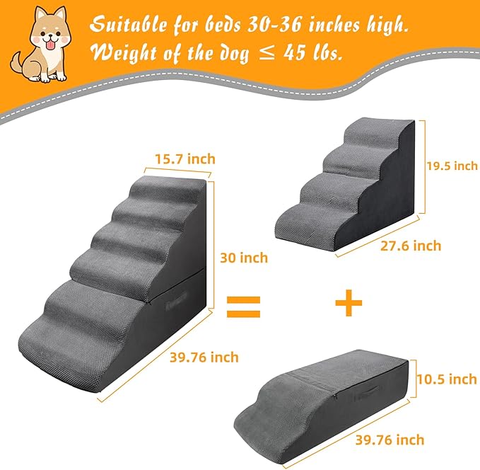 Dog Stairs&Steps for 30 Inches Tall High Bed, Pet Dog Ramp Ladder for Small Medium Dogs, Doggie, Old Cats, Kitty, Small Animals(Grey, Up to 30-36 Inch Tall Bed)