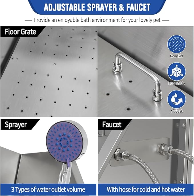 Professional Stainless Steel Dog Bathing Station, Dog Grooming Tub, with Stairs, Floor Grate & Faucet for Dog Bathtub for Large, Medium & Small Pets,34" R-RAMP