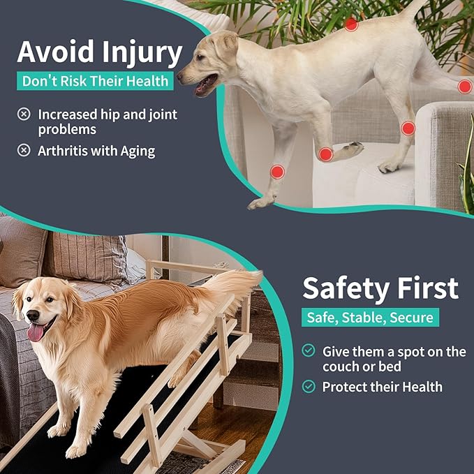 Dog Ramp, 5 Level Adjustable Height Folding Pet Ramp for High Bed, Portable Paw Ramps Large Bed Ramp for Medium & Large Old Dogs & Cats - Natural Wood Furniture Quality