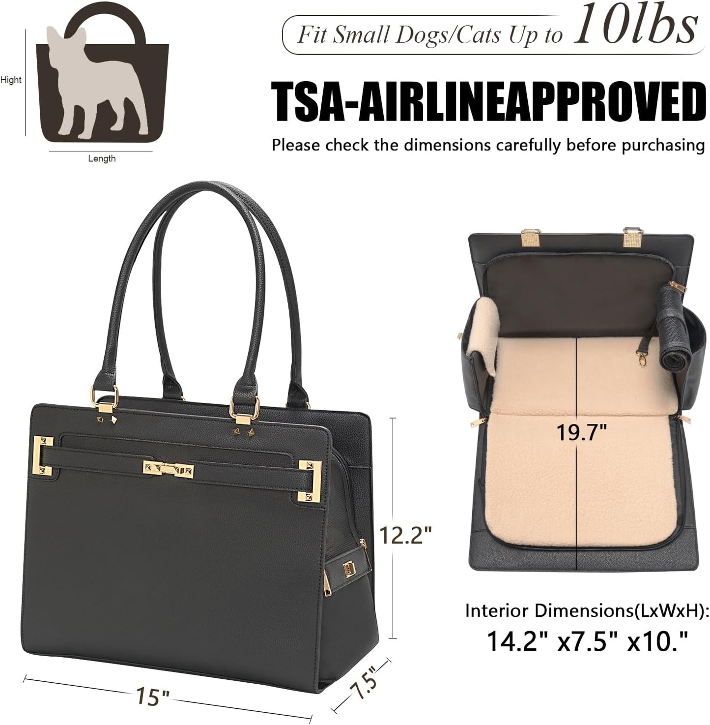 2-in-1 Stylish Dog Purse Carrier Soft-Sided Carriers Travel Tote Bag for Small Dogs Cats, Fashion Foldable Pet Bag for Puppies Small Animals with Pockets (Black, 15" L x 7.5" W x 12.2" H)