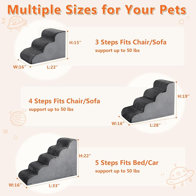 MIHIKK Dog Stairs Ramp, Curved 4-Step Dog Steps for Small Dogs and Cats, Pet Stairs for High Beds and Couch with Anti-Slip Washable Cover and Durable High Density Foam, Dark Grey