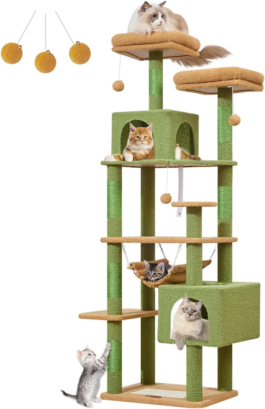 Taoqimiao Cat Tree, 68-Inch Cat Tree Cat Tower for Indoor Cats, Plush Multi-Level Cat Condo with 6 Scratching Posts, 2 Perches, 2 Caves,Hammock, 3 Pompoms,MS020ST Cactus