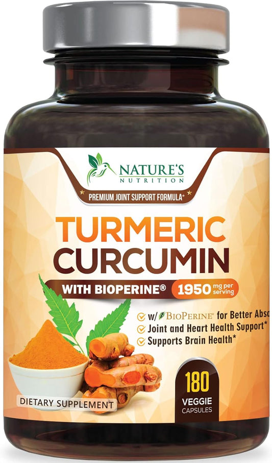 Turmeric Curcumin Supplement 1950mg - 95% Curcuminoids with Organic Turmeric & BioPerine Black Pepper Extract for Best Absorption, Nature's Vegan Joint Support, Non-GMO, Bottled in USA - 180 Capsules
