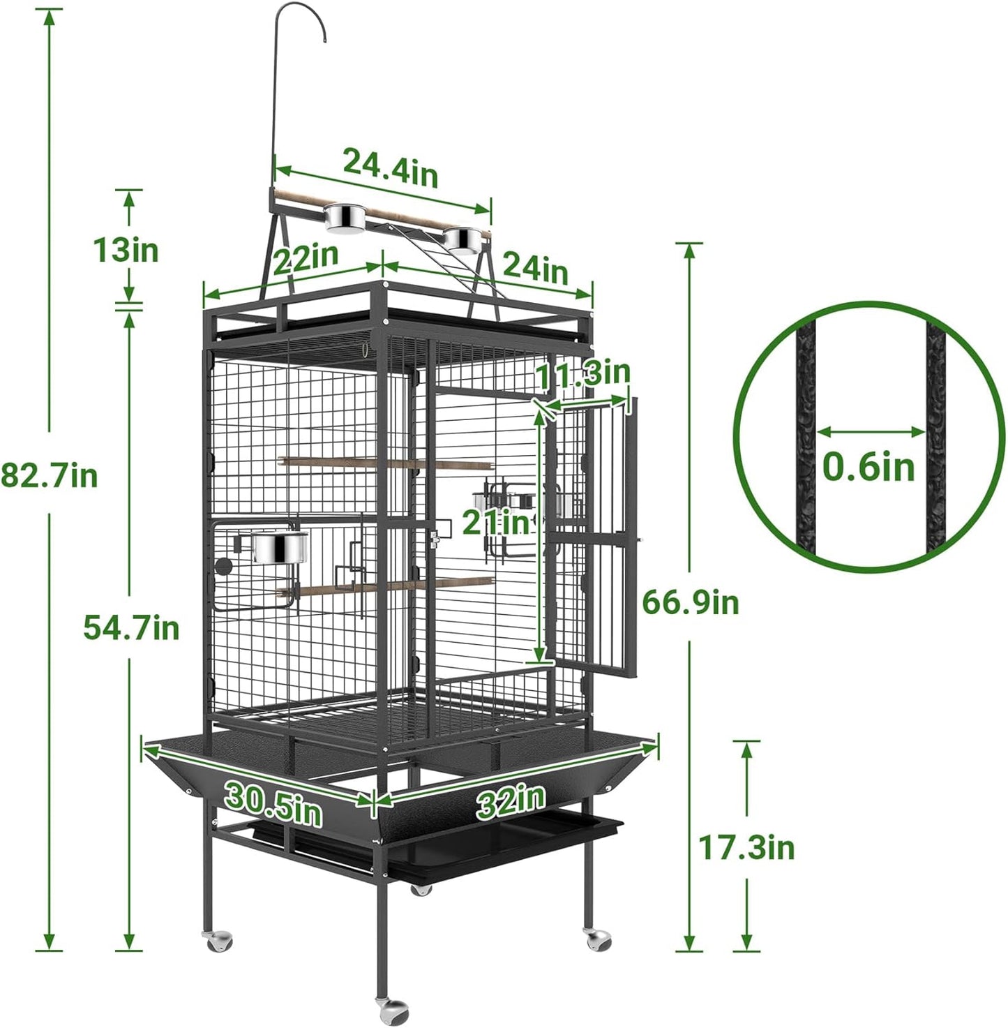 82 Inch Bird Cage, BOINN Bird Flight Cages with Rolling Stand & Bottom Tray, Wrought Iron Parrot Cage with PlayTop for Parakeet, Lovebirds, Ringneck, Cockatiels