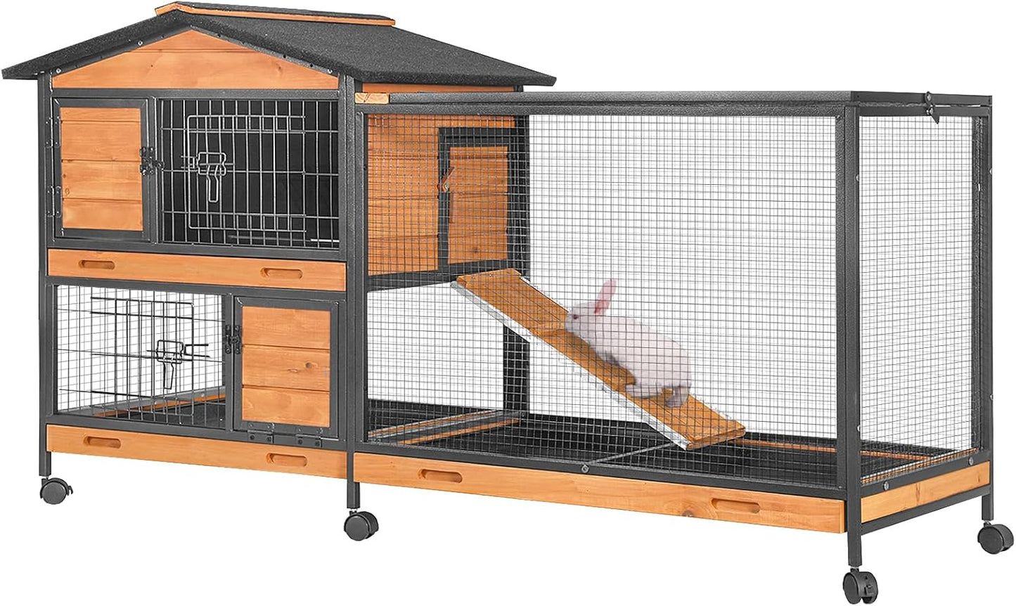 GUTINNEEN Rabbit Hutch with Chew-Resistant Metal Frame Indoor Bunny Cage Outdoor Rabbit Cage with Wheels and Leakproof Tray