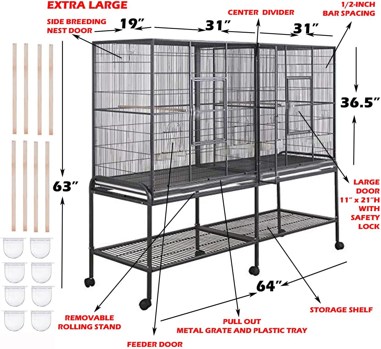 64" Extra Large Double Flight Bird Wrought Iron Double Breeding Cage Slide Out Divider 3-Levels Bird Parrot Cage Cockatiel Conure Bird Cage with Removable Stand on Wheels