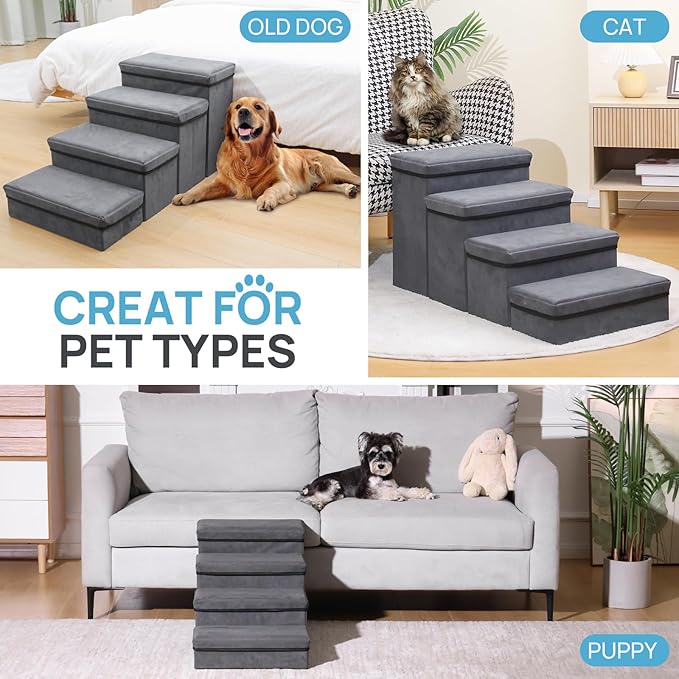 Foldable Dog Stairs 4 Tier Pet Steps, for Small Medium Dogs Pet Steps Storage Stepper for High Beds Sofa (4 Step)