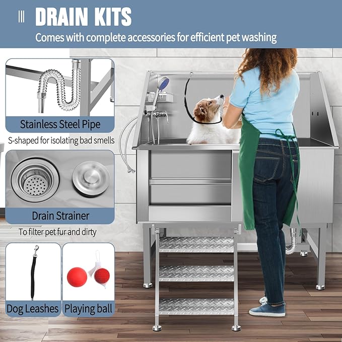 50" Dog Bathing Station for Large Dogs, Stainless Steel Dog Pet Washing Station, Professional Dog Grooming Tub, Pet Wash Bath Station (50" Left Door)