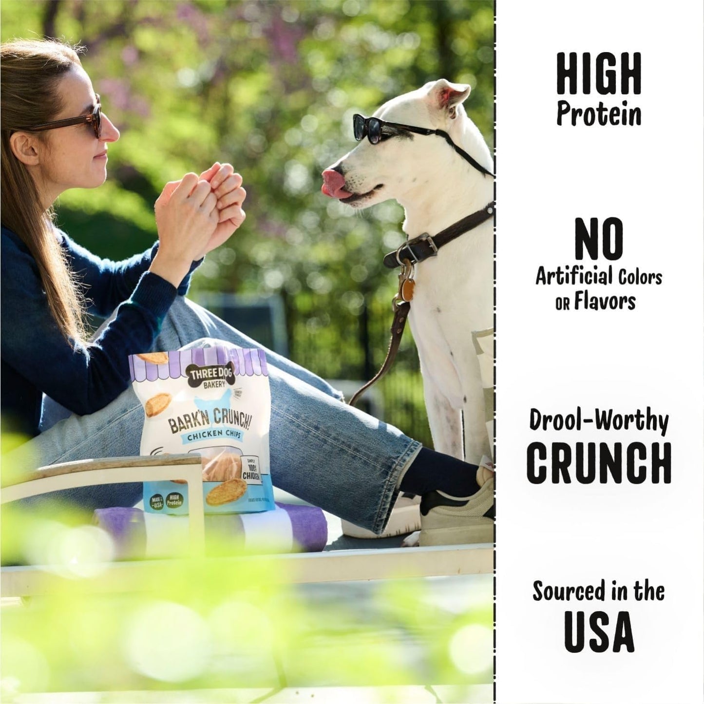 Three Dog Bakery Bark’N Crunch! Chicken Chips, Crunchy Treats for Dogs, Single Ingredient, High Protein Snacks, No Artificial Flavors or Colors, Made in The USA, 15 oz