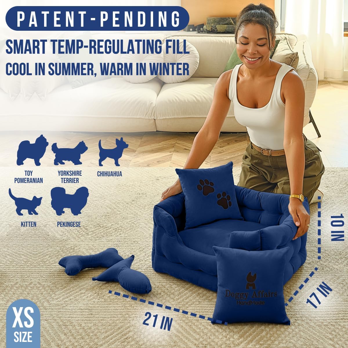 Luxury Dog Bed Chesterfield – Handcrafted Velvet Throne for Dogs | Joint Support, Calming & Temp-Regulating Comfort | Durable 5+ Years, Anti-Claw, Washable 100+ Times – XS, Blue