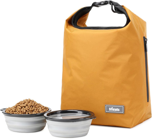 Dog Food Travel Bag w/2PCS Collapsible Dog Travel Bowls,dog food storage container 20 lb(Yellow, Large)