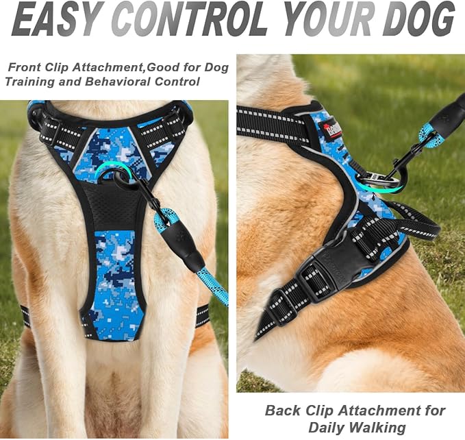BARKBAY No Pull Dog Harness Front Clip Heavy Duty Reflective Easy Control Handle for Large Dog Walking(Blue camo,XL)
