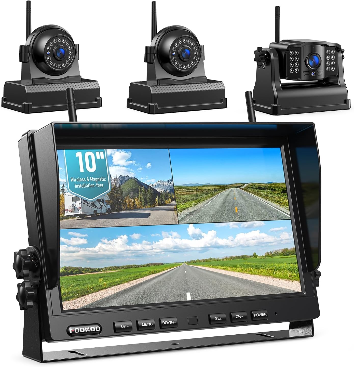 Fookoo HD 10" Magnetic Wireless Backup Camera,10" IPS Split Screen Monitor, Rechargeable 2 Side View 1 Rear View Cameras,Low Consumption 1-Min Install No Drilling Recording for Trailer Truck DCX103