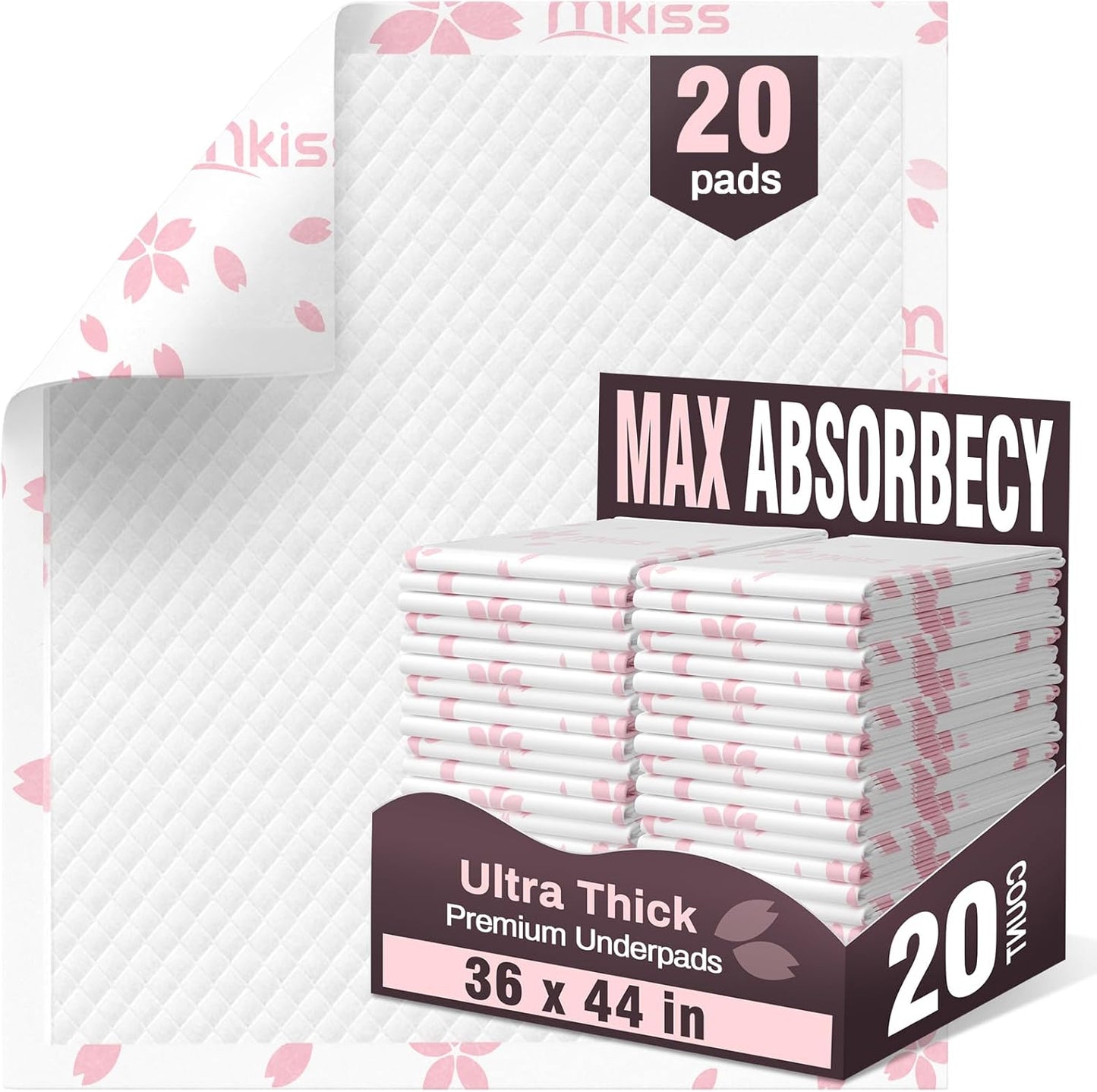 MKISS Heavy Duty Incontinence Underpads, 36" x 44", 20 Count-Super Absorbent Disposable Bed Pads, Tear-Resistant Chucks Pads for Adults, Kids, Elderly and Home Care