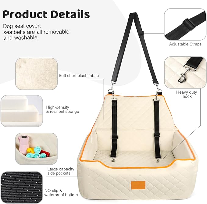 Dog Car Seat for Large/Medium Dog, Booster Seat Under 55Lbs or 2 Small Dogs, Detachable and Washable Travel Pet Seat with Thick Cushion and Storage Pockets (Beige)