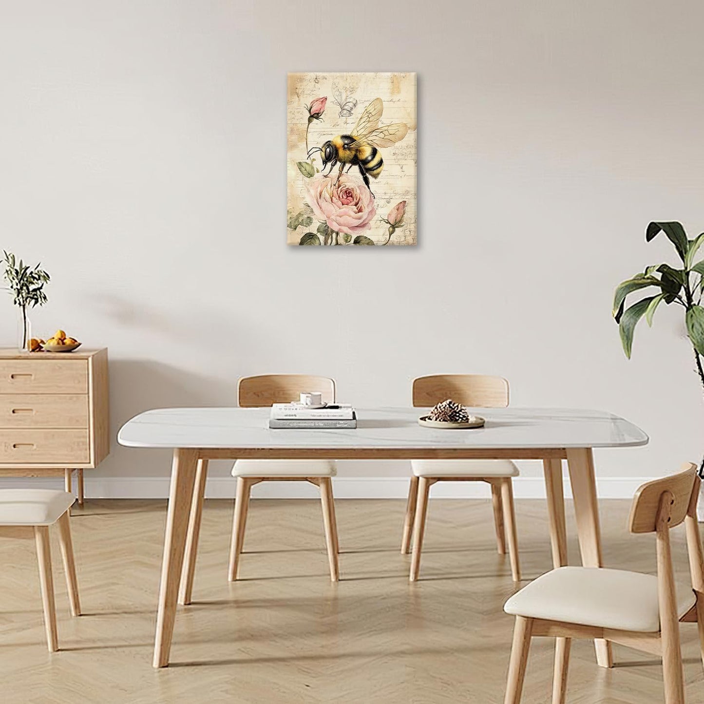 Rustic Bee Bathroom Pictures Wall Art, Vintage Floral Bathroom Wall Decor, Pink Rose Flower Framed Painting Canvas Artwork for Bedroom Living Room Decorations 20"L x 16"W