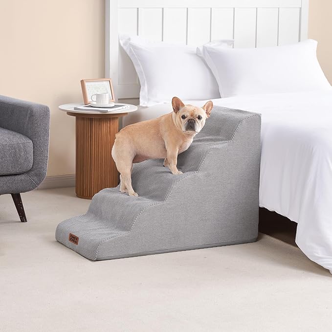 EHEYCIGA Curved Dog Stairs Ramp for High Beds, 5-Step Extra Wide Dog Steps for Small Dogs and Cats, Pet Stairs for High Bed Climbing, Non-Slip Balanced Pet Step Indoor, Light Grey