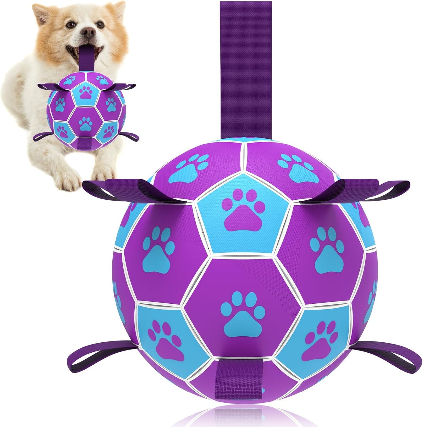 QDAN Dog Ropes Toys Soccer Ball with Straps, Puppy Birthday Gifts, Tug of Toy, Water Toy, Durable Balls for Dogs, Medium Small Breed, 6 Inch