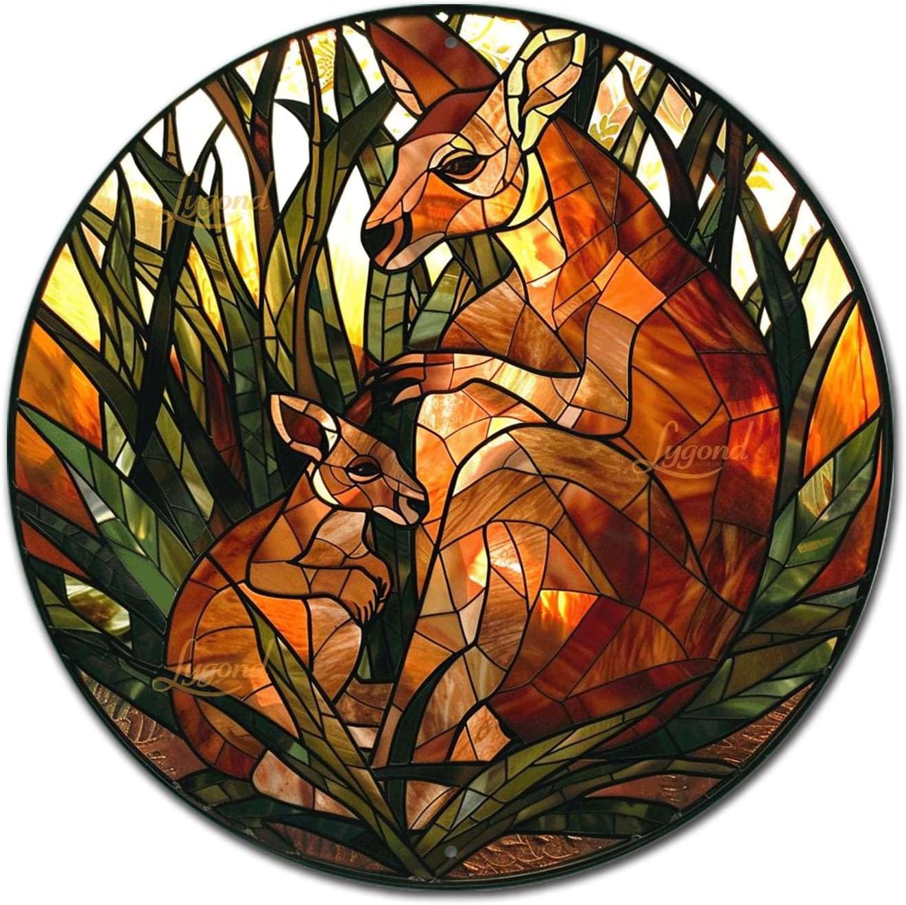 Lygond Metal Sign Tin Sign Circular Stained Glass Kangaroo Funny Bathroom Decor For Club 8×8 Inches