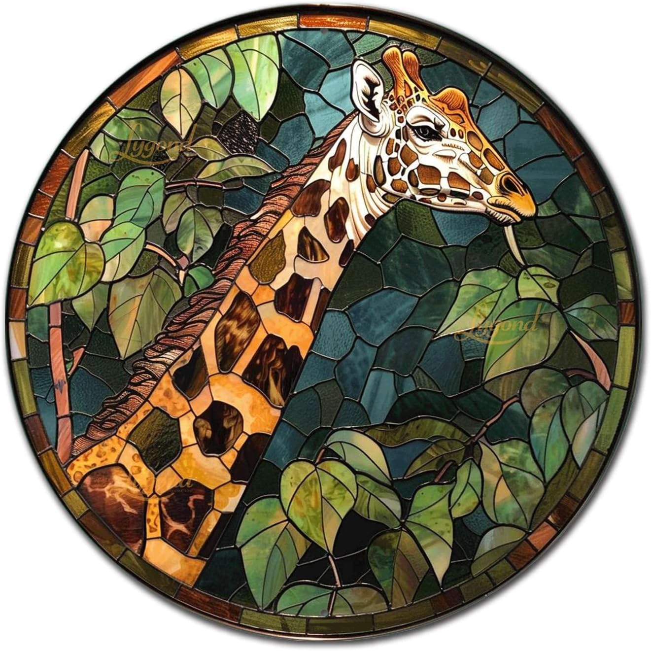 Lygond Metal Sign Tin Sign Circular Stained Glass Giraffe Funny Sign for Patio 12×12 Inches