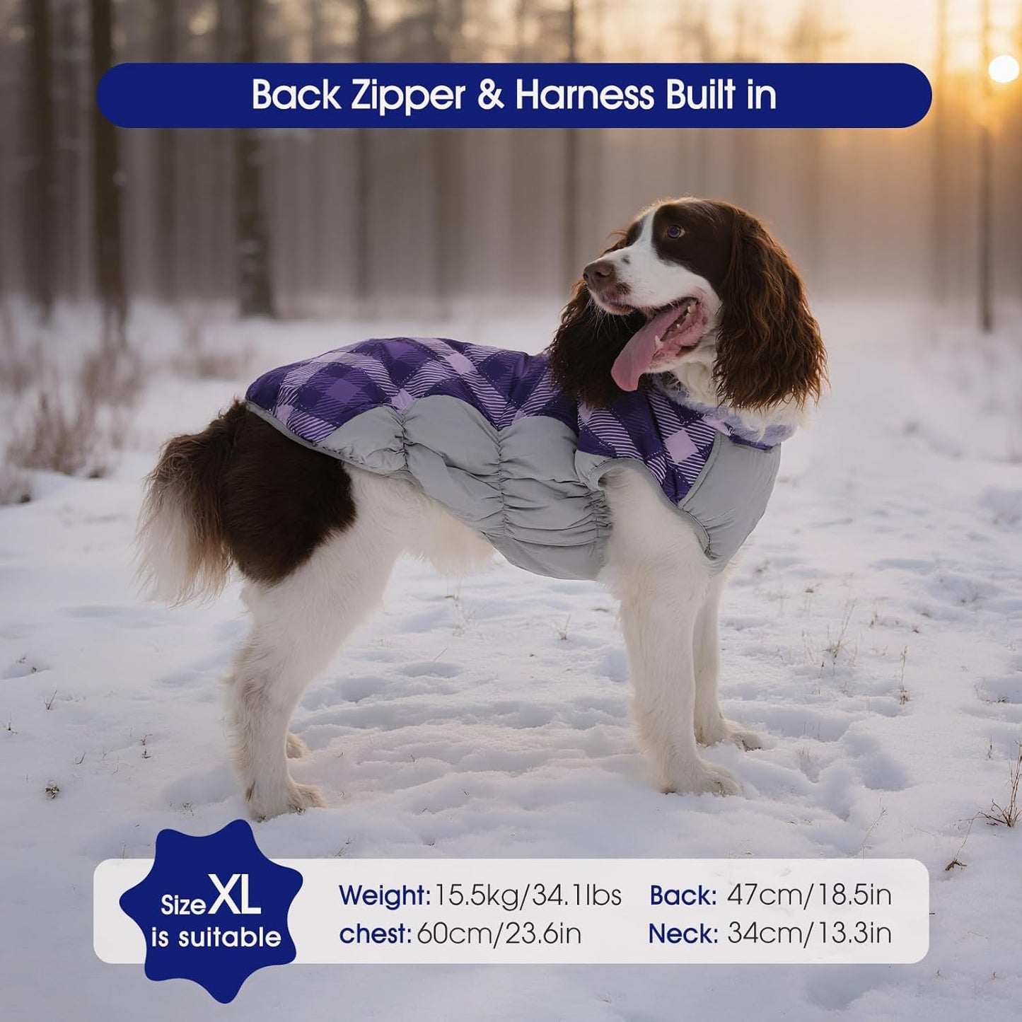 FUAMEY Dog Coat for Large Dogs,Waterproof Dog Winter Jacket with Harness Built in Puppy Cold Weather Coats Reflective Pet Vest with Zipper Warm Fleece Dogs Snowsuit Windproof Purple Plaid 2XL