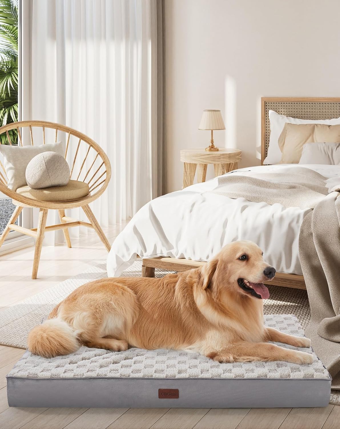 OhGeni Orthopedic Waterproof & Machine Washable Dog Bed for Large Pets, Suitable for Crates, 25D Egg Crate Foam, Non-Slip Bottom & Removable Cover, Checkerboard Fabric, 41 Inches(Gray)