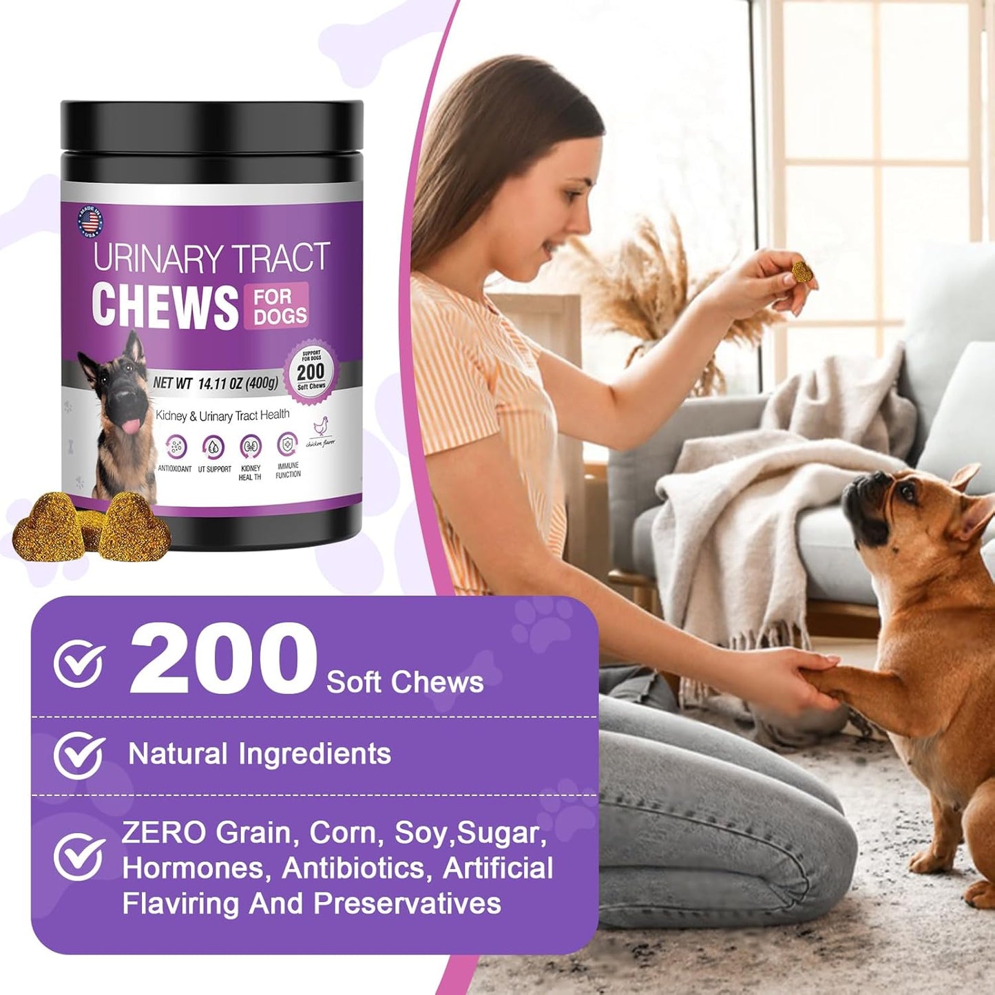 Dog UTI Treatment Cranberry Supplement for Dogs 200 Chews Urinary Tract Medicine Bladder Control Pills Kidney Support Cranberrys Extract Bites Puppy UTI Infection Treats Incontinence Remedy for Dogs
