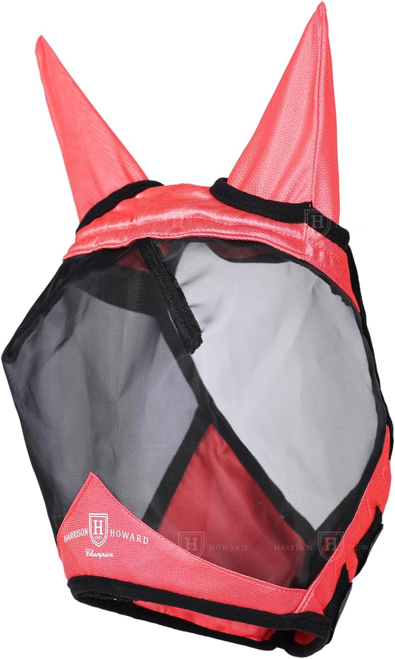Harrison Howard Pro Luminous Horse Half Face Fly Mask Large Eye Space with Ears UV Protection for Horse Coral Orange L
