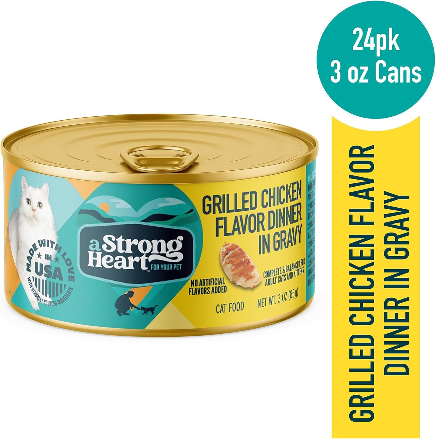 A Strong Heart Canned Wet Cat Food, Grilled Chicken Flavor in Gravy - 3 oz Cans (Pack of 24), Made in The USA with Pieces of Real Grilled Chicken