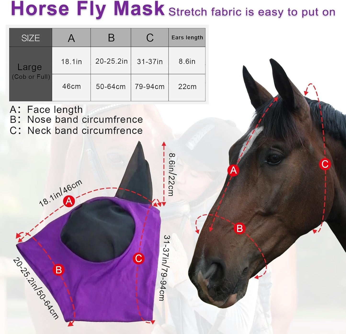 Horse Fly Mask with Ears, Comfortable Fit Stretch Fabric with UV Protection Soft on Skin Breathability for Small/Medium Size Horses (Purple)