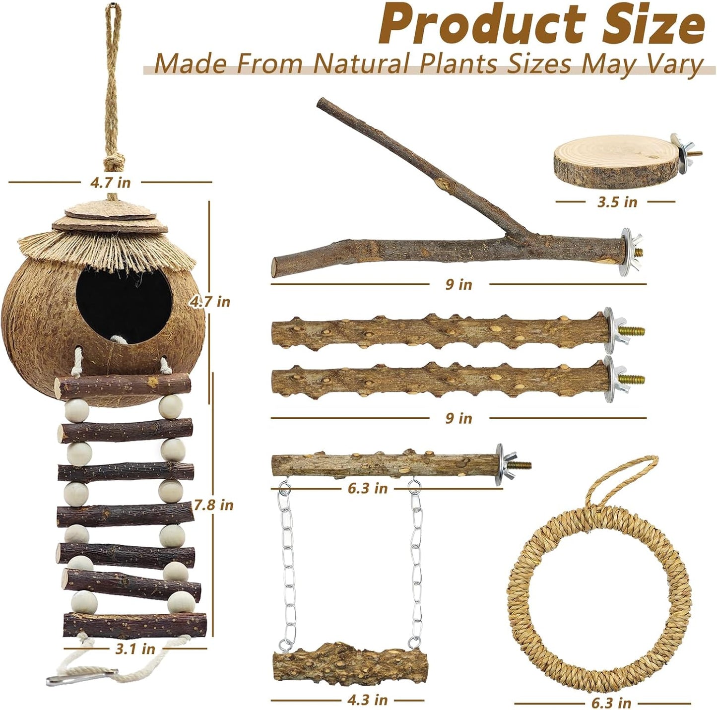 7PCS Bird Perches, Coconut Nest Hut with Ladder, Bird Swing and Stand for Small and Medium-Sized Parakeets, Conures and Budgies, Parrot Cockatiels Budgie Conure Finches Lovebirds