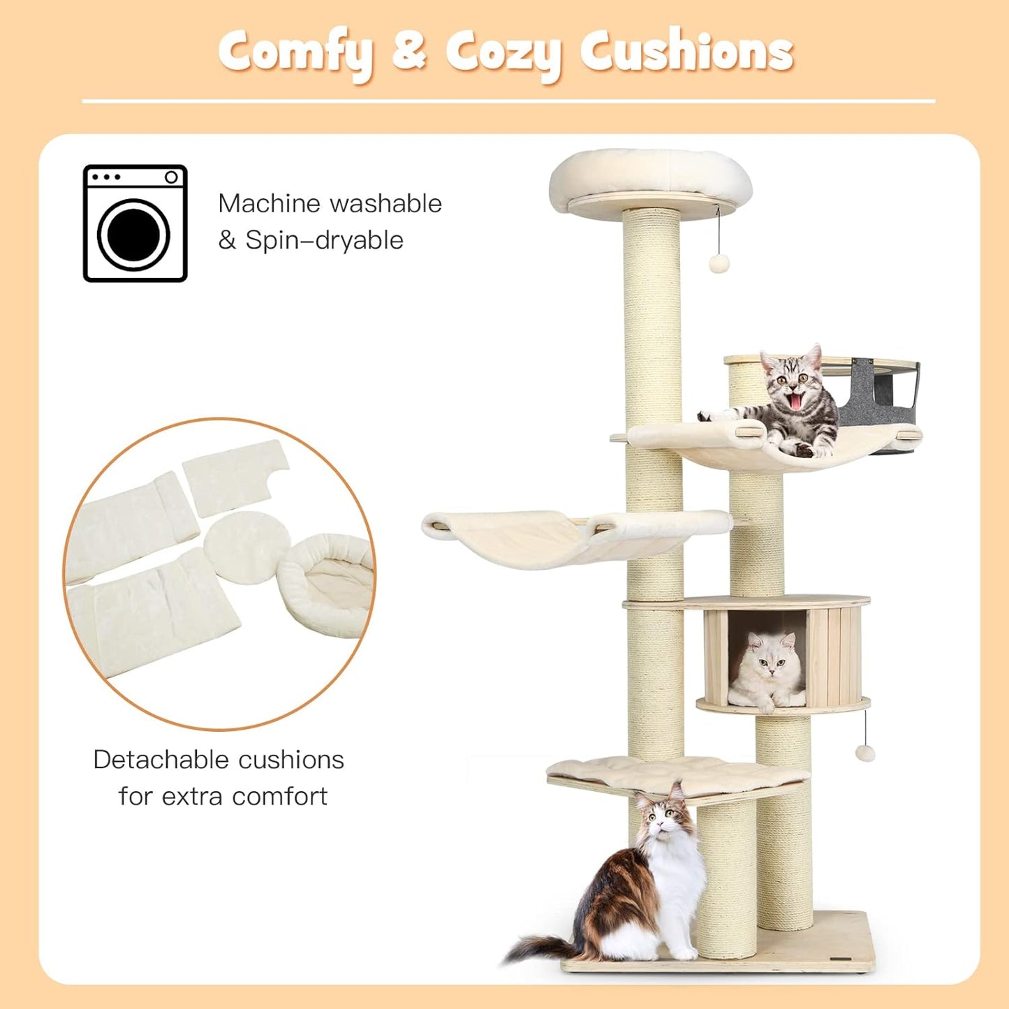 PETSITE 77.5" Tall Cat Tree, Multi-Level Modern Cat Tower with Sisal Scratching Posts, Top Perch, Cat Condo, Hammocks, Hanging Basket, and Jingling Balls, Cat Tree Tower for Indoor Cats Large Adult