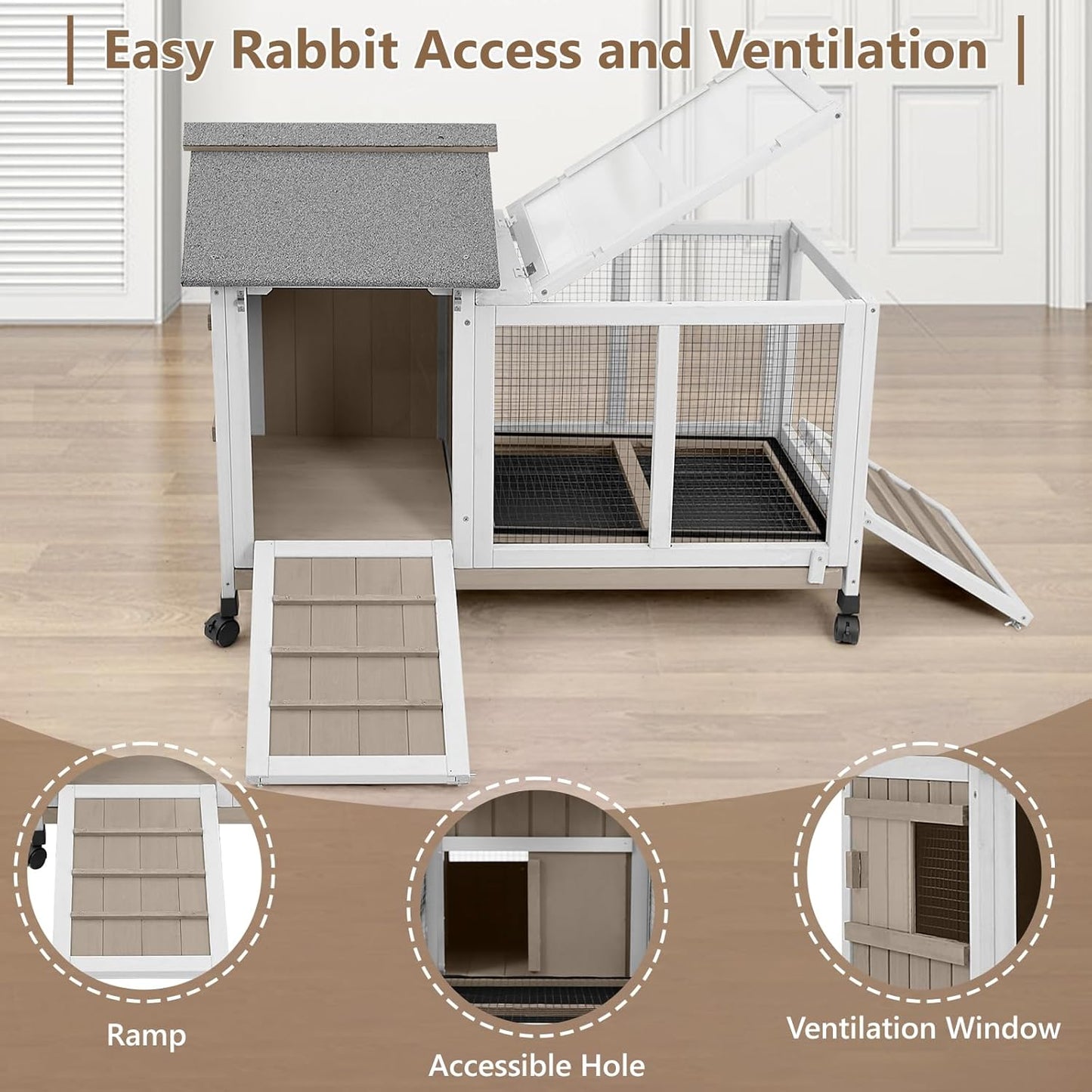 38''L Rabbit Hutch Outdoor Indoor with Wheels, Wooden Expandable 2 Story Bunny House Rabbit Cage with Run, Waterproof Roof, Pull Out Tray, Guinea Pig Cage Chicken Coop for Small to Medium Pets