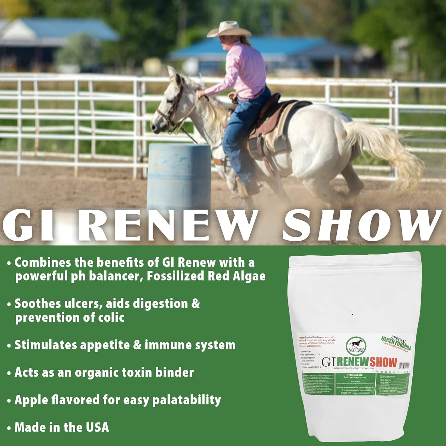 GI Renew Show, Probiotics for Equine, Immune and Appetite Stimulation, Prebiotics, Digestive Enzymes | Horse Supplement Providing Ulcer Relief and Treatment, Organic Toxin Binder, 6 LB Bag