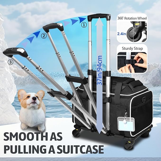 Petskd Top-Expandable Pet Carrier with Wheels 18x11x11 Inches Delta American United Airline Approved, Soft-Sided Carrier for Small Cats Dogs with Locking Safety Zippers and Anti-Scratch Mesh(Black)