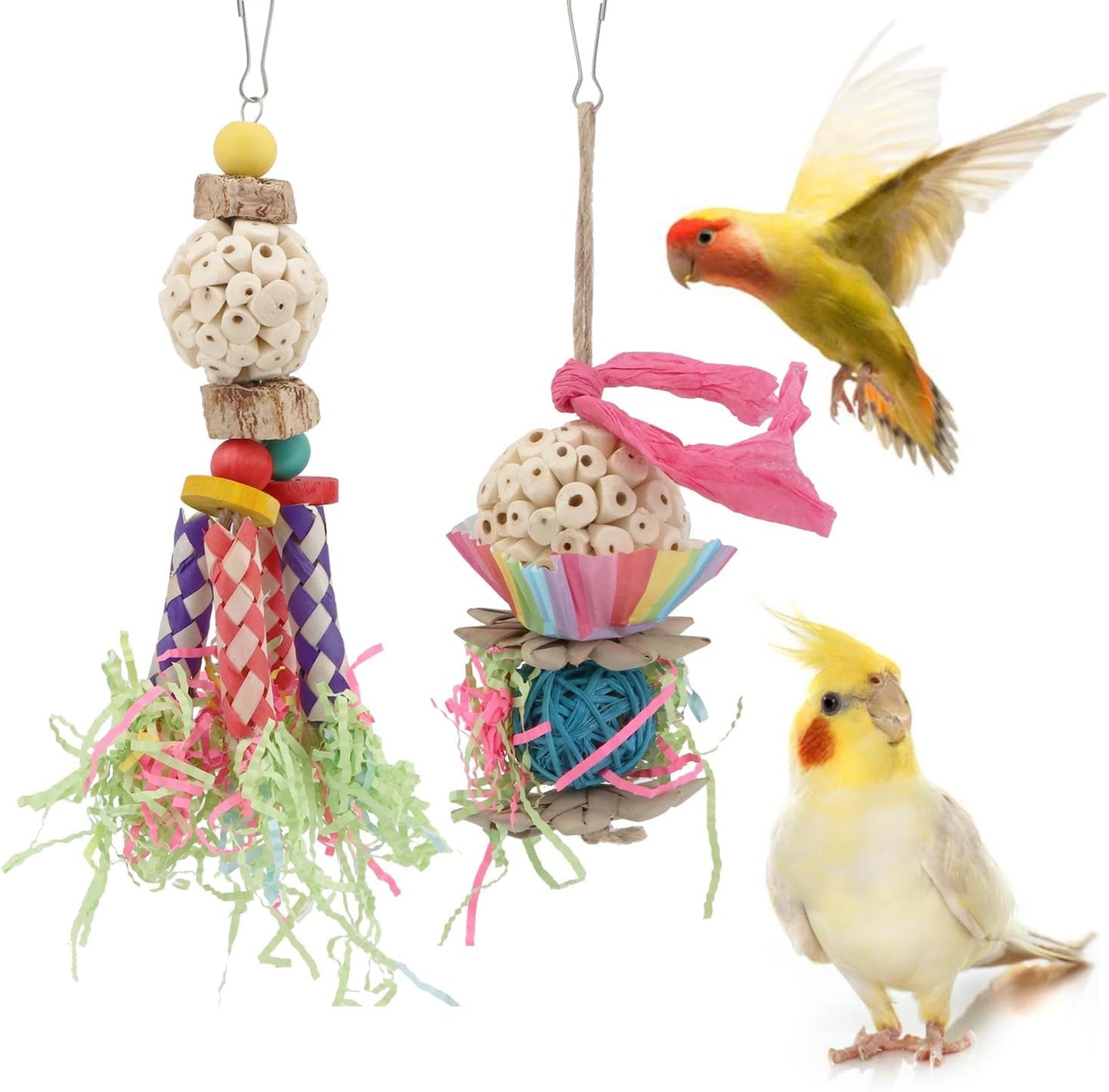 Wontee Bird Toys Colorful Shredding Crinkles Foraging Toys Natural Sola Ball for Parrots Cockatiels Conures Parakeets Budgies Senegal (Sola Ball (2 Pack))