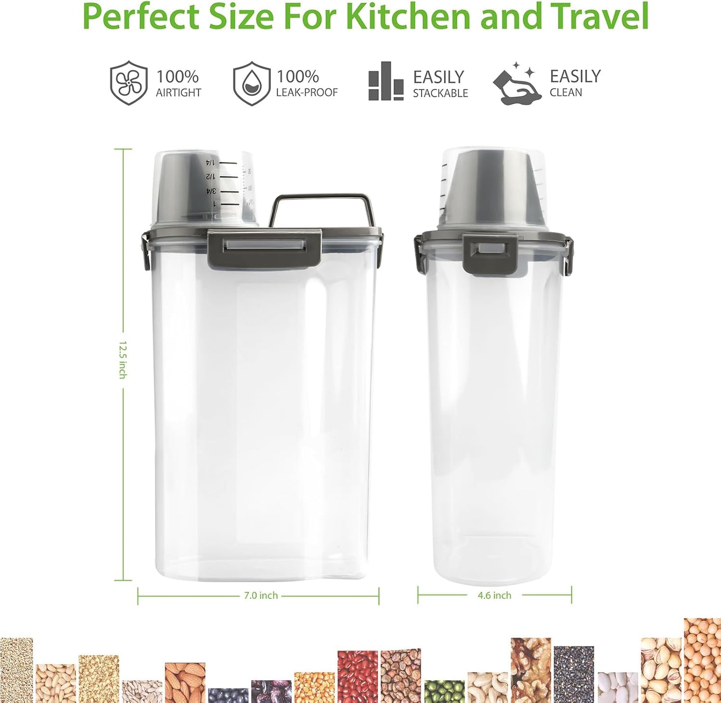 Rice Airtight Storage Container, 3 to 5Lbs Cereal Dry Food Flour Bin, Pet Dog Cat Food Dispenser with Measuring Cup, BPA Free Clear Plastic Kitchen and Pantry Organization Bin for Sugar