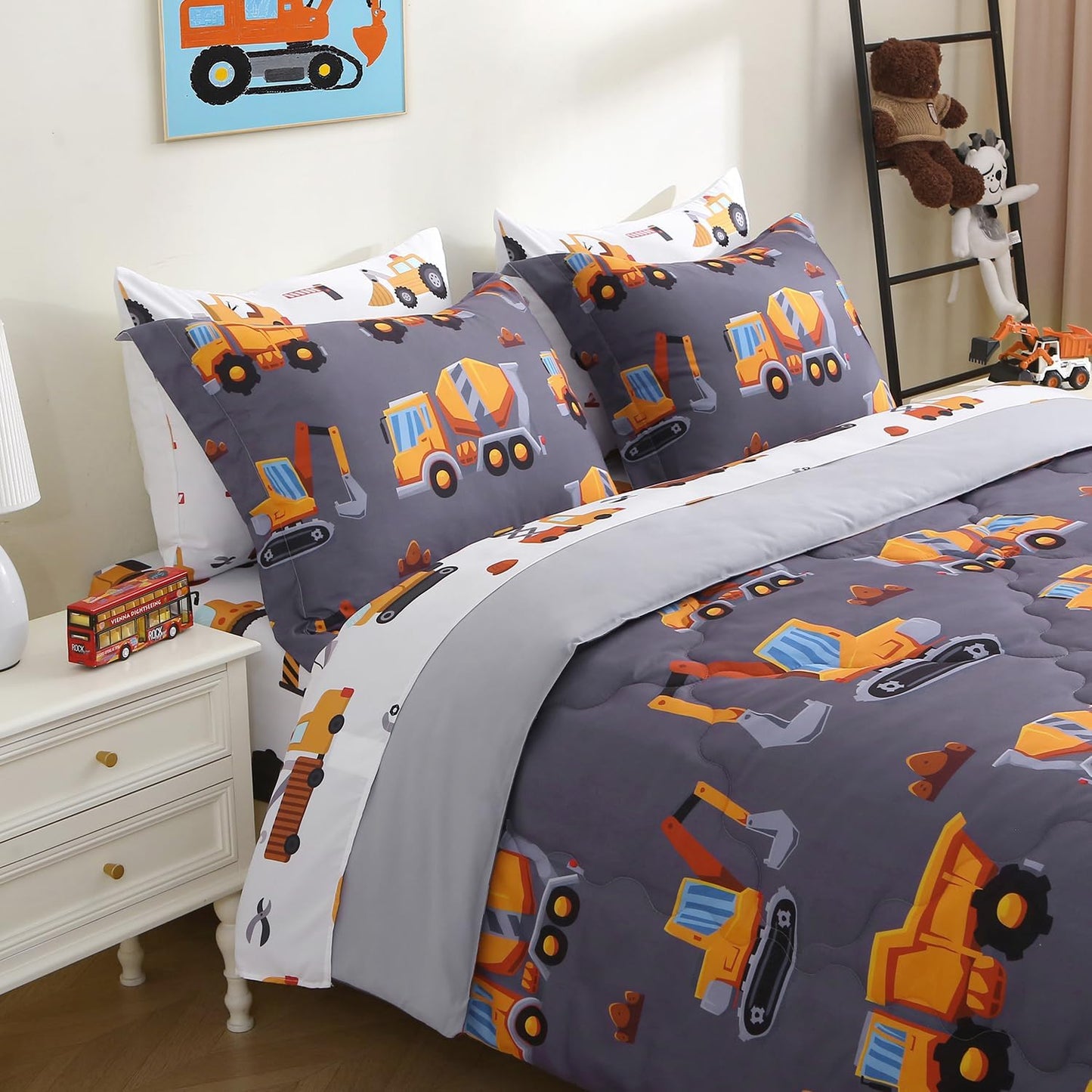 Kids Comforter Set 7 Piece Bedding Cute Car Cartoon Truck Bed Microfiber Comforter Twin Size All Season Excavator Car Truck Printed