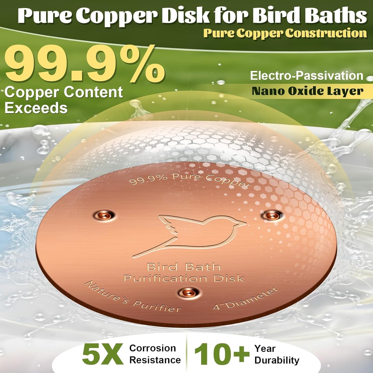 NNG 3 Pack Bird Bath Copper Disk,1mm Thick Reinforced 99.9% Pure Copper Bird Bath Purification Disk with Triple-Point Support,Physical Safe Water Cleaner for Outdoor Birdbaths Bowls,All-Season Use