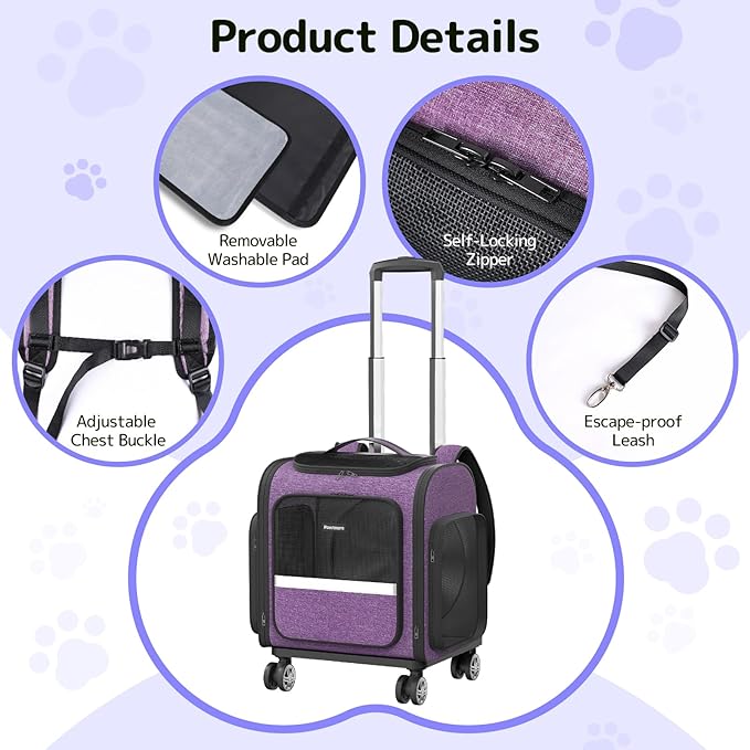 Rolling Cat Carrier with Wheels Dog Carrier for Small Dogs & Medium Cats, Expandable Pet Carrier on Wheels with Cat Play Tunnel, Large Capacity, Breathable Mesh, Side Pocket, Purple