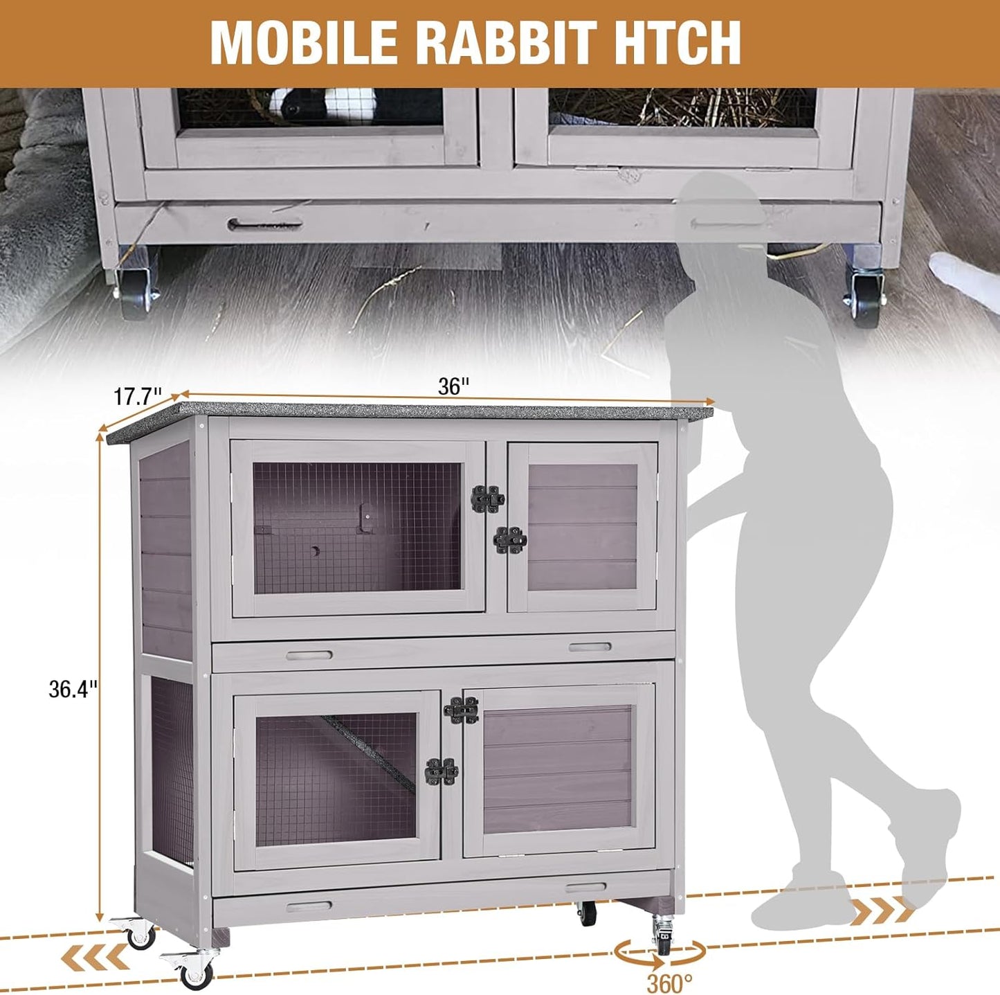 Rabbit Hutch Indoor Outdoor, Bunny Cage with Casters, Guinea Pig Cage Bunny Hutch with Two Plastic Trays 36inch