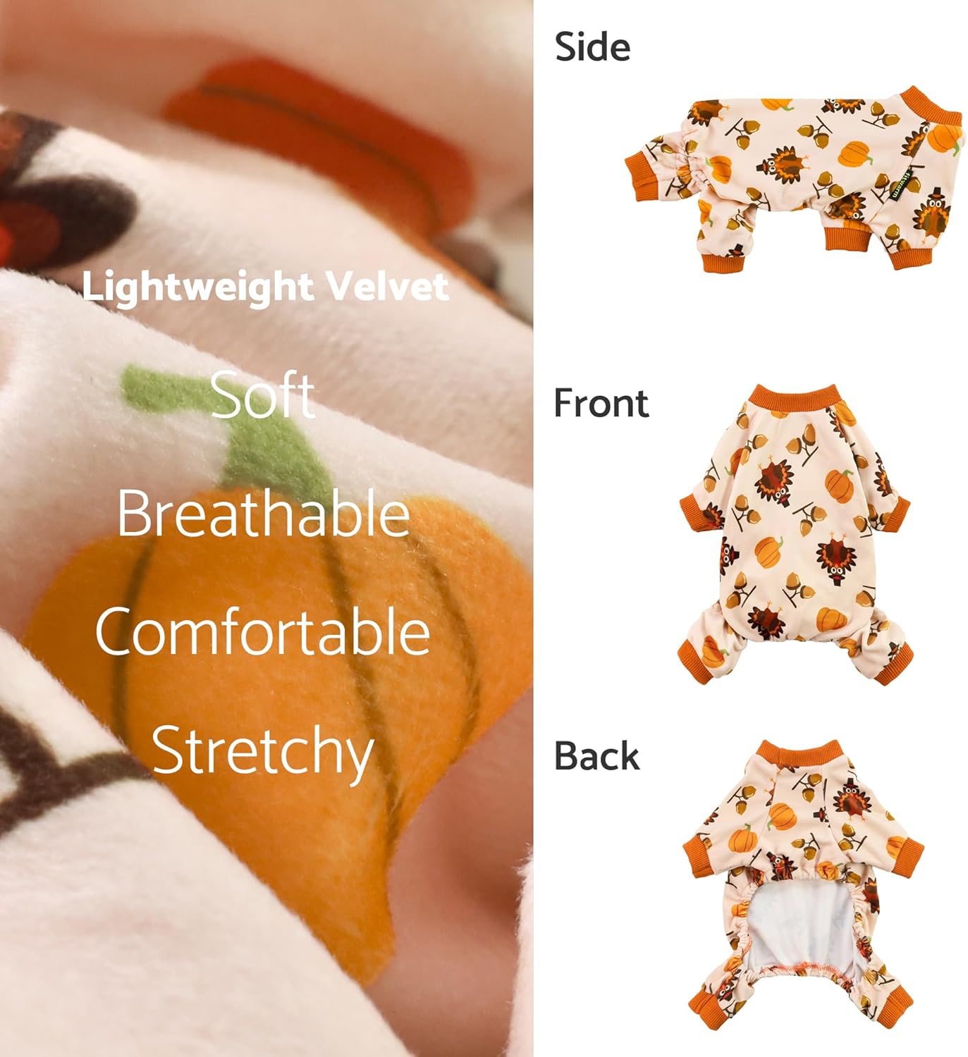 Fitwarm Thanksgiving Turkey Dog Pajamas, Funny Dog Winter Clothes for Small Dogs Girl Boy, Pet Jumpsuit, Cat Onesie with Feet, Lightweight Velvet, Orange, Large