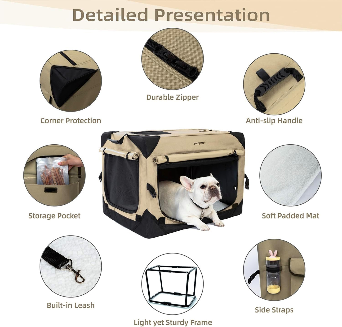 Pettycare 26 Inch Collapsible Dog Crate with Curtains Travel Dog Crate for Airflow and Calm Soft Pet Kennel with Portable Bag and More Chew Proof Mesh Indoor & Outdoor Beige 4 Door Curtains